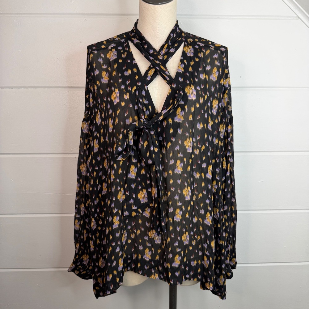 Banana Republic XXL Black Abstract Ikat Print Sheer Chiffon Tie Neck Blouse NEW